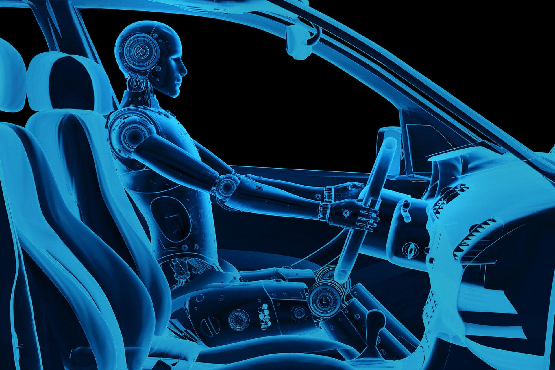 A blue image of a man driving a car.