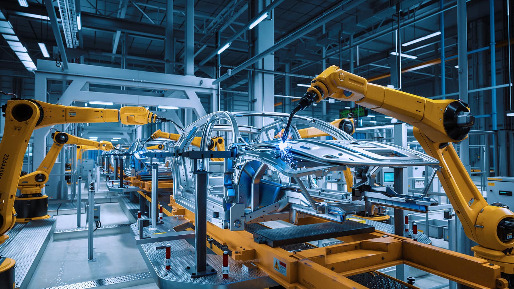 Robots working on a car assembly line in a factory.