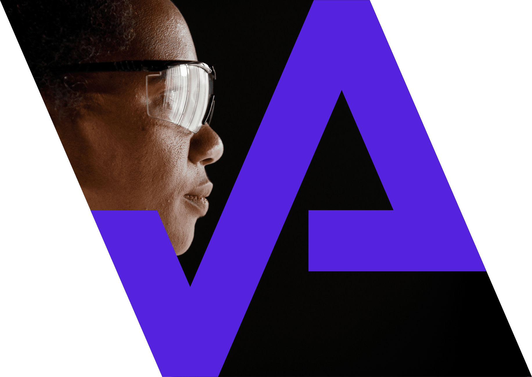 A woman wearing glasses and a purple logo with the word av.