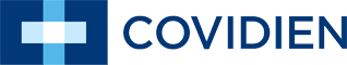 A blue and white logo with the word coviden.