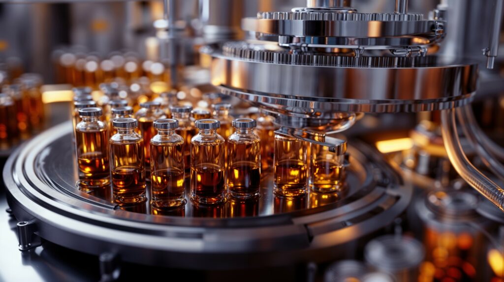 Automation machinery bottling amber liquid into glass vials.