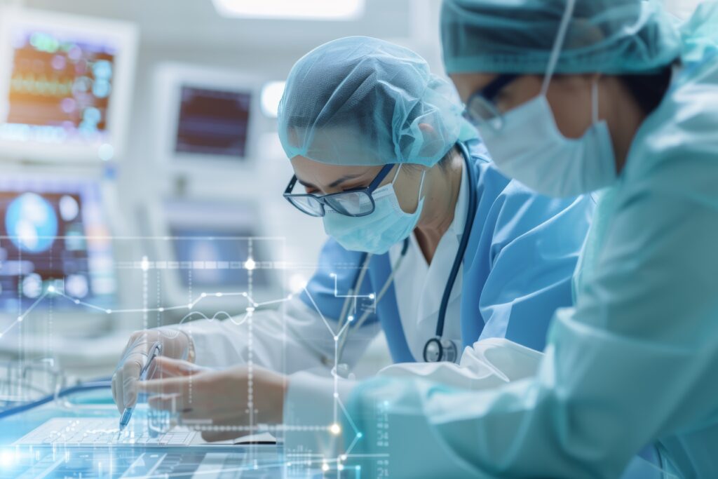 Two medical professionals in surgical attire work together in a high-tech operating room, focusing on a procedure with digital graphics overlaying the scene.