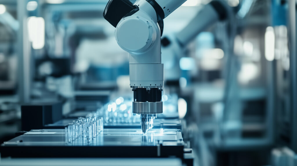 A robotic arm precisely assembling components on an automated production line in a factory setting.