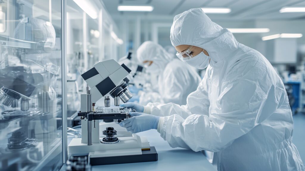 Scientists in protective suits work with microscopes in a laboratory setting.