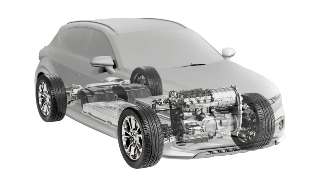 A semi-transparent car showing internal mechanical components, including the engine, drivetrain, suspension, and battery system.