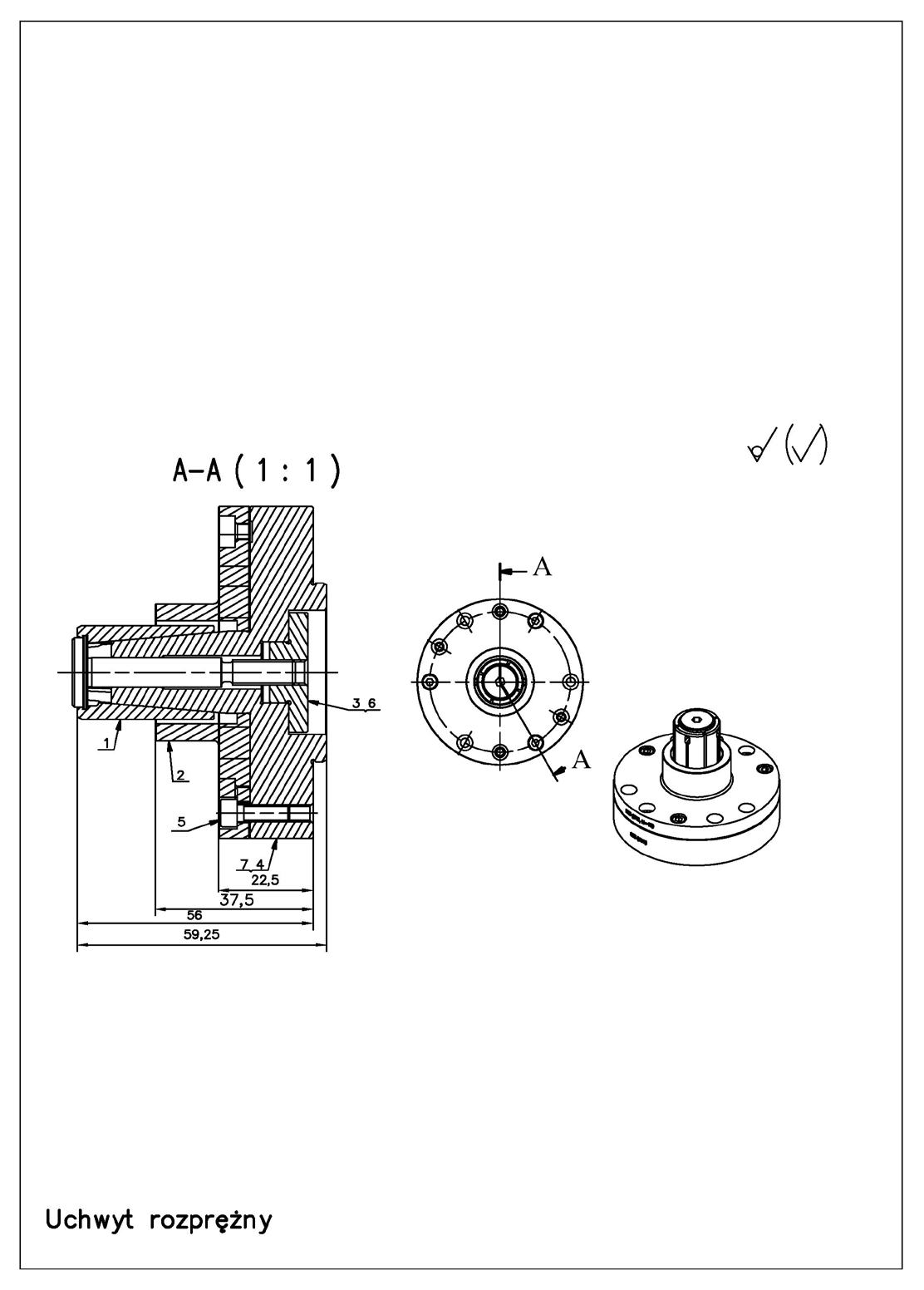 Figure 2. Adapter for centering a rotor on its bore A typical solution to take advantage of the central hole is the expansion sleeve adapter. It consists of four main parts: a hollow central cone connected to the body, an expansion sleeve, a pulling pin and an optional locking pin. The adapter shown is adapted for manual closing and opening by means of a screw and nut. It centers the balanced rotor by means of the expansion sleeve, positioning it perpendicular to the axis of rotation by means of the stop. The centering of the adapter takes place on the outer surface of the expansion sleeve, which spreads on the cone centering the balanced rotor.