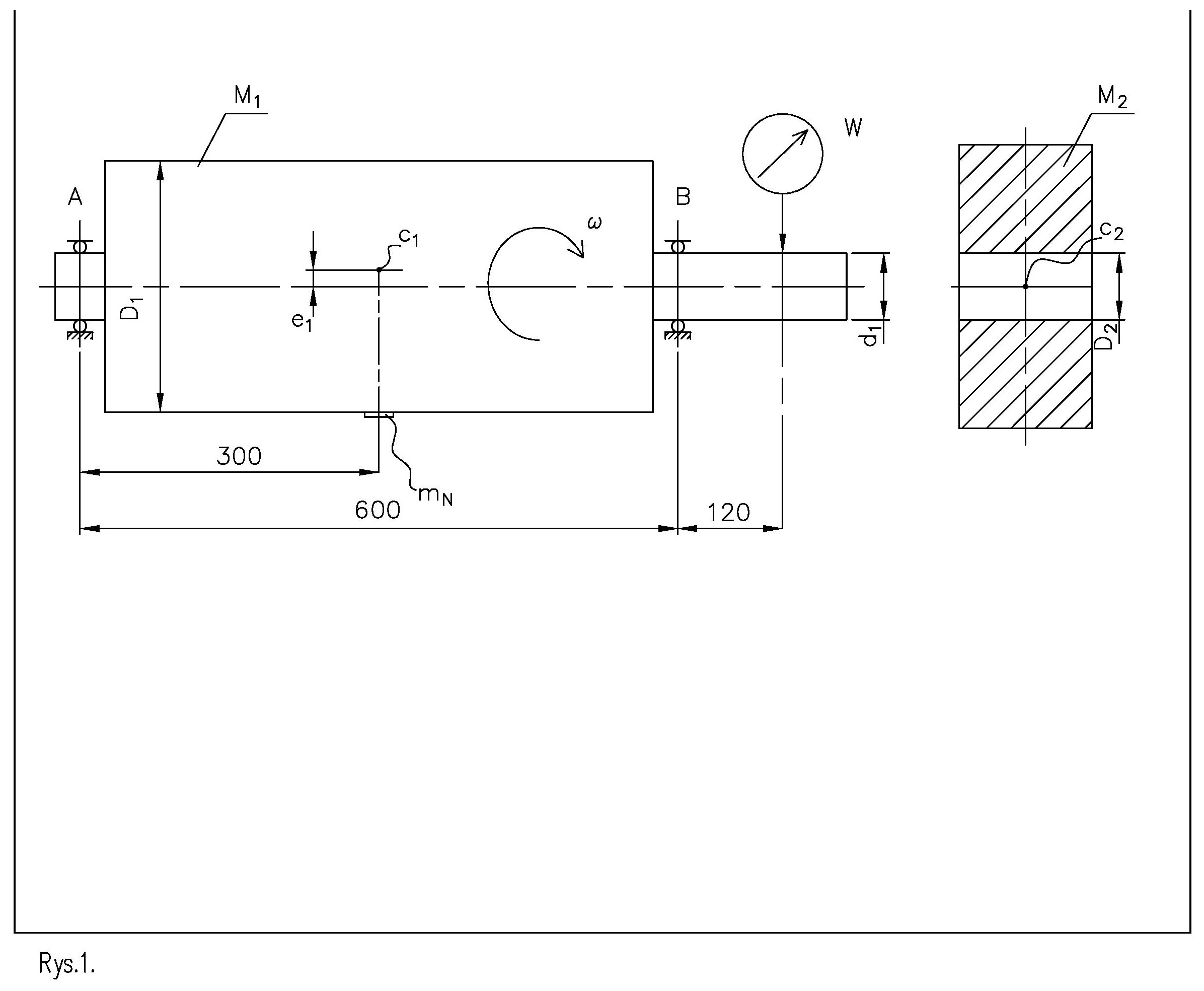 Abbildung 1. Kinematisches Schema des Rotors und der Kupplungsscheibe Um diesen Einfluss zu zeigen, werden Massenträgheitsmomente nicht bestimmt, sondern grundlegende Beziehungen aus der Kinetik werden verwendet. Nomogramme, die einige Lagerhersteller in ihren Katalogen enthalten, werden ebenfalls verwendet. Diese Darstellungsweise zeigt anschaulich die Abhängigkeit der Lagerdauer von Unwuchtkräften.